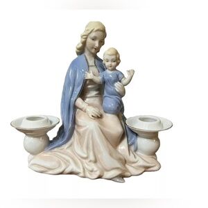 Vintage Porcelain Candle Holder Mother Mary With Baby Jesus Mid Century Modern